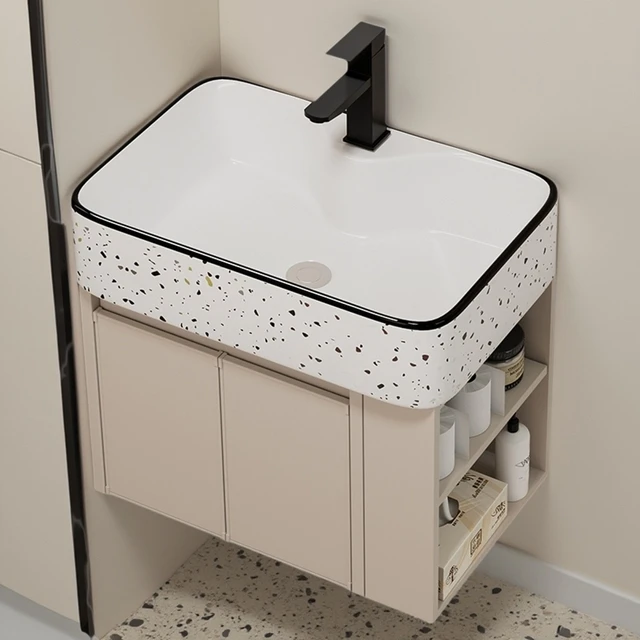 小户型挂墙式洗手盆柜组合防水太空铝合金浴室柜收纳格陶瓷洗脸盆