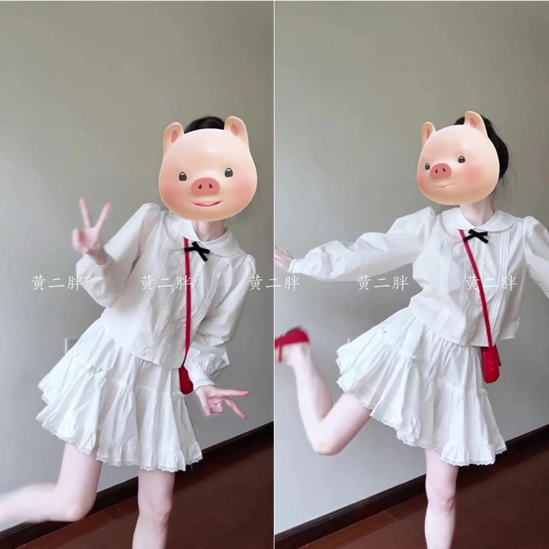 春季新款韩系穿搭高级感白色衬衫女宽松长袖衬衣高腰蛋糕短裙套装