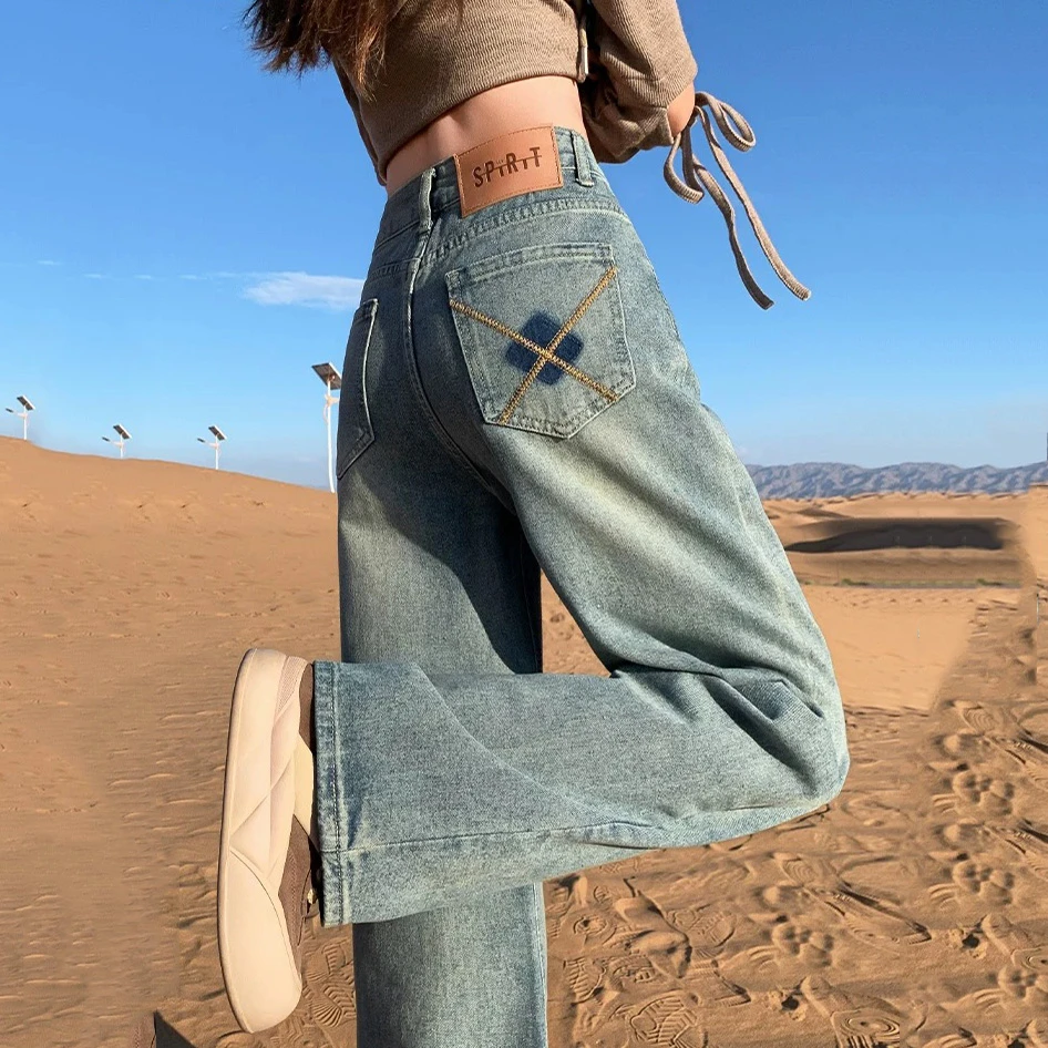 2025春夏新款垂感牛仔裤设计感撞色牛仔裤女美式高腰窄版阔腿裤女