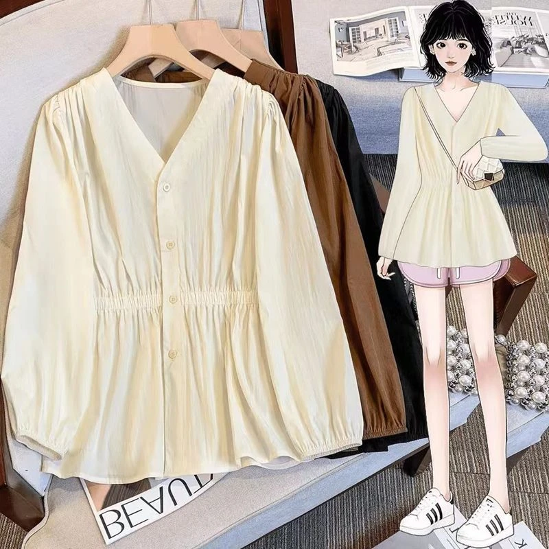美拉德气质V领收腰衬衫女春季大码胖mm洋气高级感显瘦遮肚子上衣