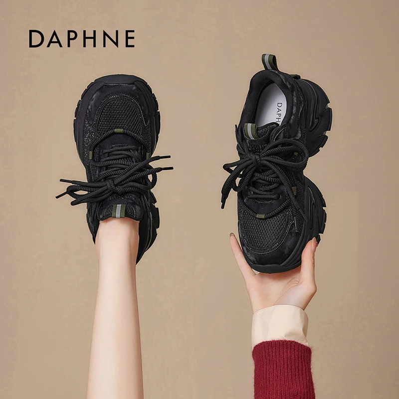 达芙妮25新款时尚休闲鞋系带秋季复古百搭厚底增高马蹄跟老爹鞋