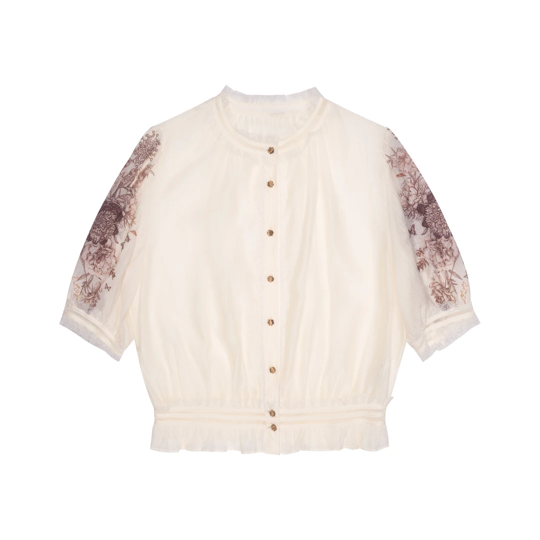 【李易行】她翼夏季泡泡袖衬衫拼接短款荷叶边CH0231342127