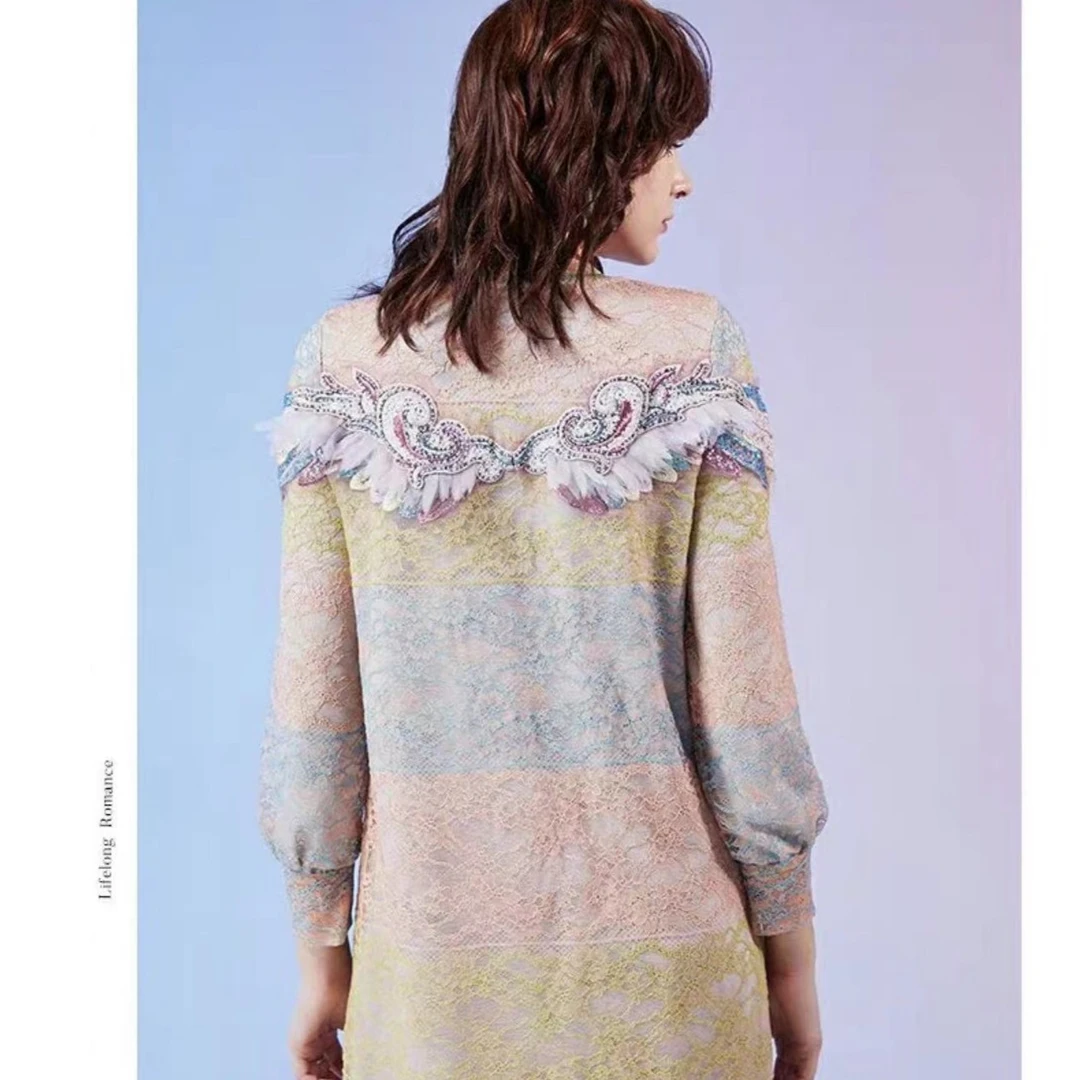 莲灿新款百搭日常休闲修身翅膀刺绣蕾丝雪纺连衣裙时尚7121320011