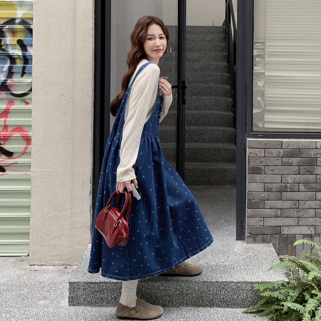 韩系减龄通勤风甜酷套装裙女秋季新款针织上衣印花背带裙两件套