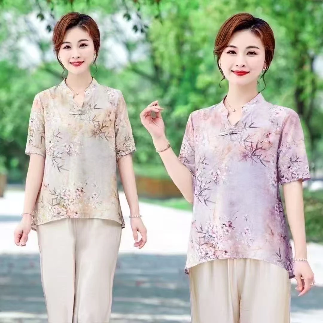 拉妈妈夏装新款中国风上衣洋气棉麻衬衫小个子贵妇人夏季宽松小衫