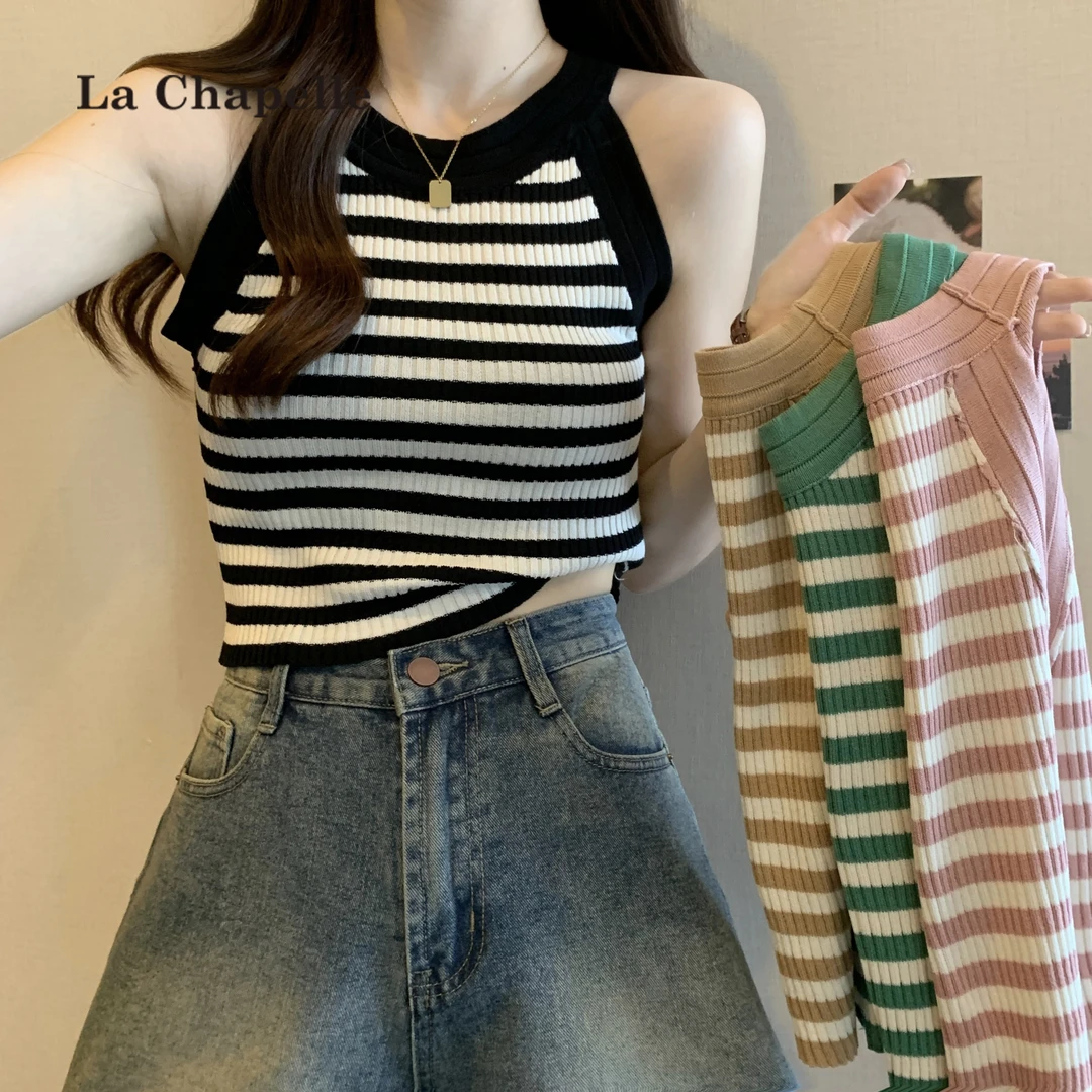 拉夏贝尔大码条纹挂脖针织吊带背心女夏季内搭打底衫外穿无袖上衣
