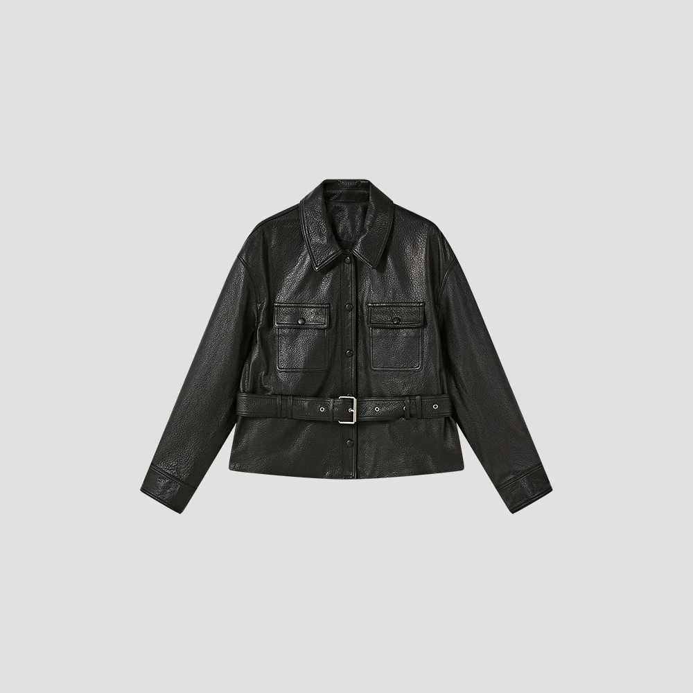 【小禾】"荔枝"进口羔羊泡皮无涂层小羊皮YsL衬衫式腰带短皮衣