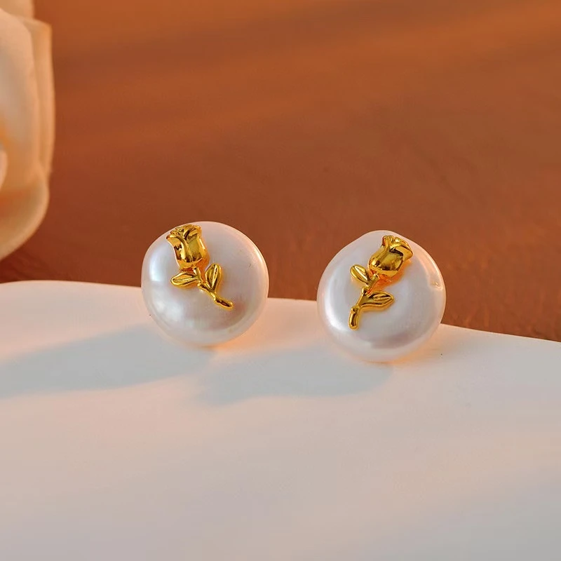 铜合金耳饰 c121---复古圆形珠珠玫瑰耳环小众法式古法