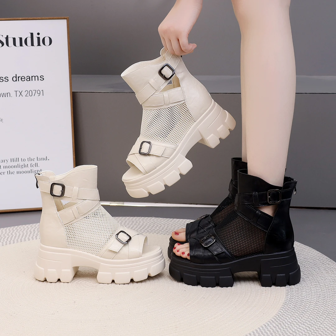 7厘米高跟罗马露趾凉鞋马丁靴厚底高帮夏季百搭时尚凉靴女网面