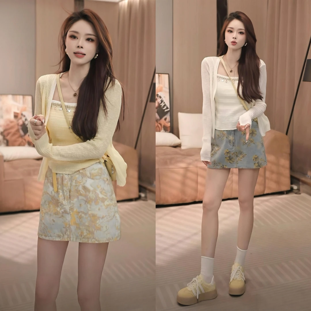 2025春夏新款韩版时尚休闲防晒针织衫两件套+印花短裙套装显瘦女