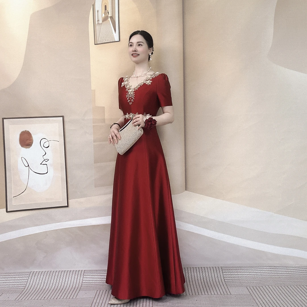 喜妃琳0001喜婆婆喜妈妈婚宴礼服重工订珠上台优雅气质显瘦长裙