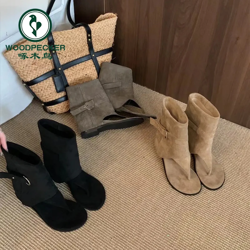 啄木鸟韩国套筒夹趾人字拖鞋2024春夏新款休闲平底短筒裤管凉靴女
