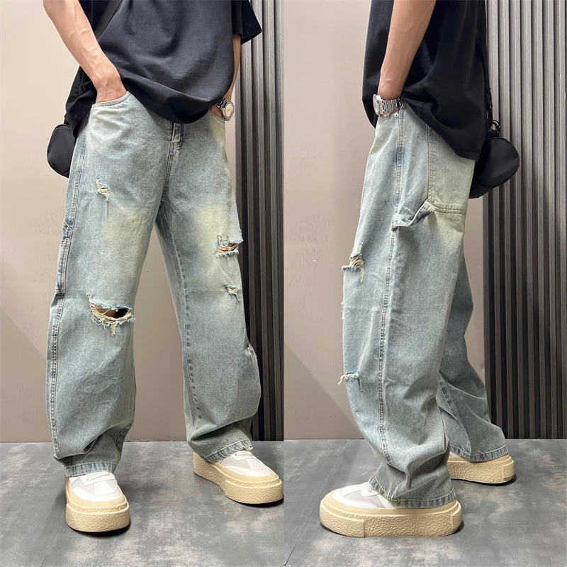 美式潮流高街痞帅破洞牛仔裤男夏季新款水洗做旧直筒宽松弯刀裤