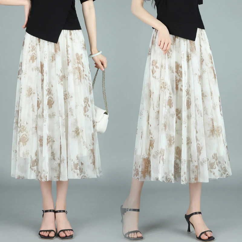 YNPO印花半身裙女夏季薄款字长款百褶网纱气质伞裙新中式裙子