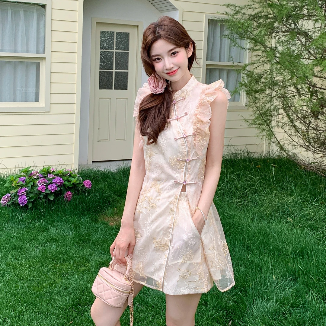 新中式复古旗袍裙短裤两件套女夏季小个子高端刺绣盘扣连衣裙套装