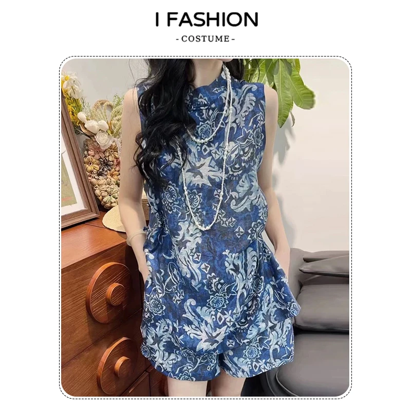 新中式国风时尚套装2025夏季新款休闲盘扣无袖背心阔腿短裤两件套