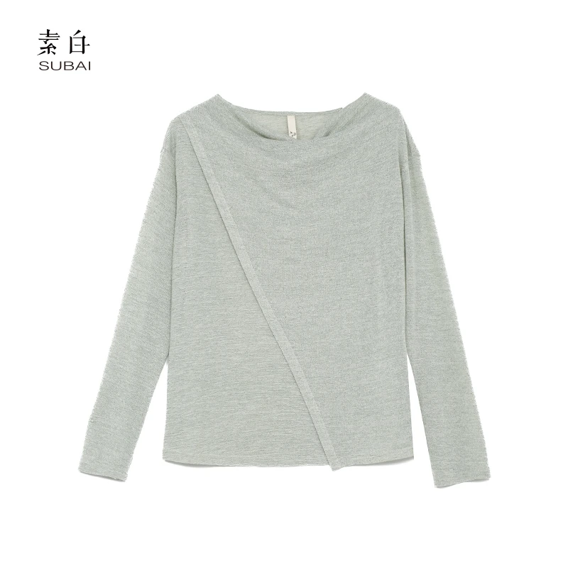 SB2408MS00160【素白】马乖秋季新款棉麻针织荡领长袖上衣