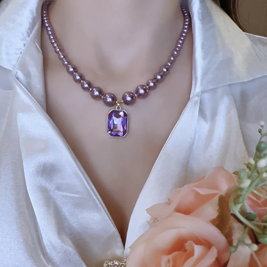 铜合金仿珍珠项链 网红时尚珠珠简约紫色小方糖锁骨链