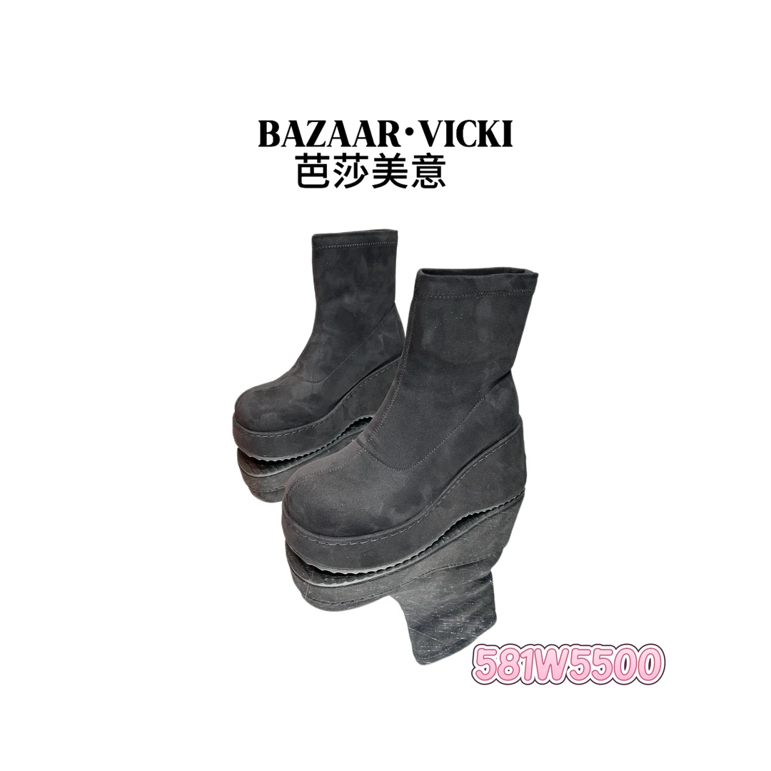BAZAAR VICKI/芭莎美意581W5500休闲风短靴秋冬休闲黑色百搭厚底
