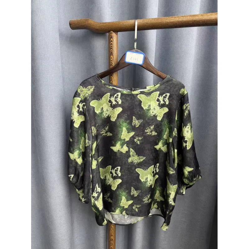 2025夏季新款休闲时尚圆领桑蚕丝花萝提花五分袖上衣女A343