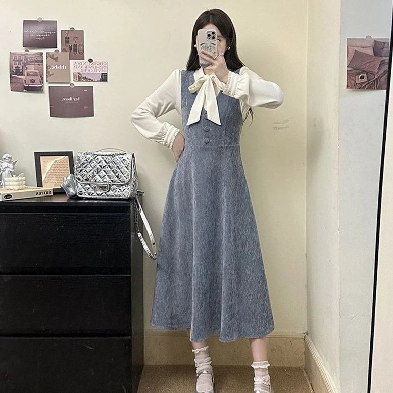 胖颖专属大码春季新款法式背心气质裙+打底衫两件套3100