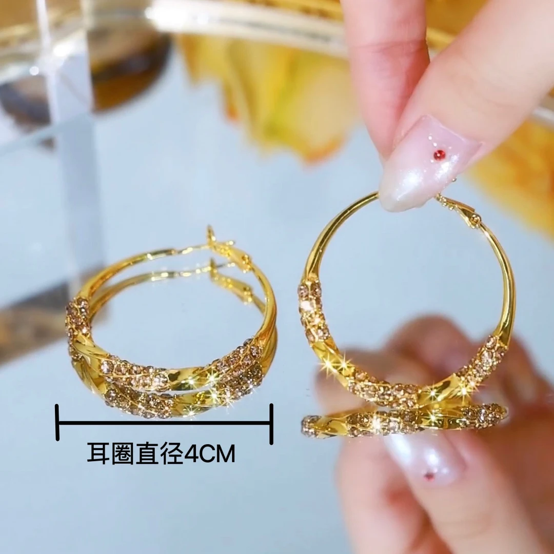 铜合金合成锆石耳饰 【圆圆满满】时尚气质款耳圈（圈径4公分左右）