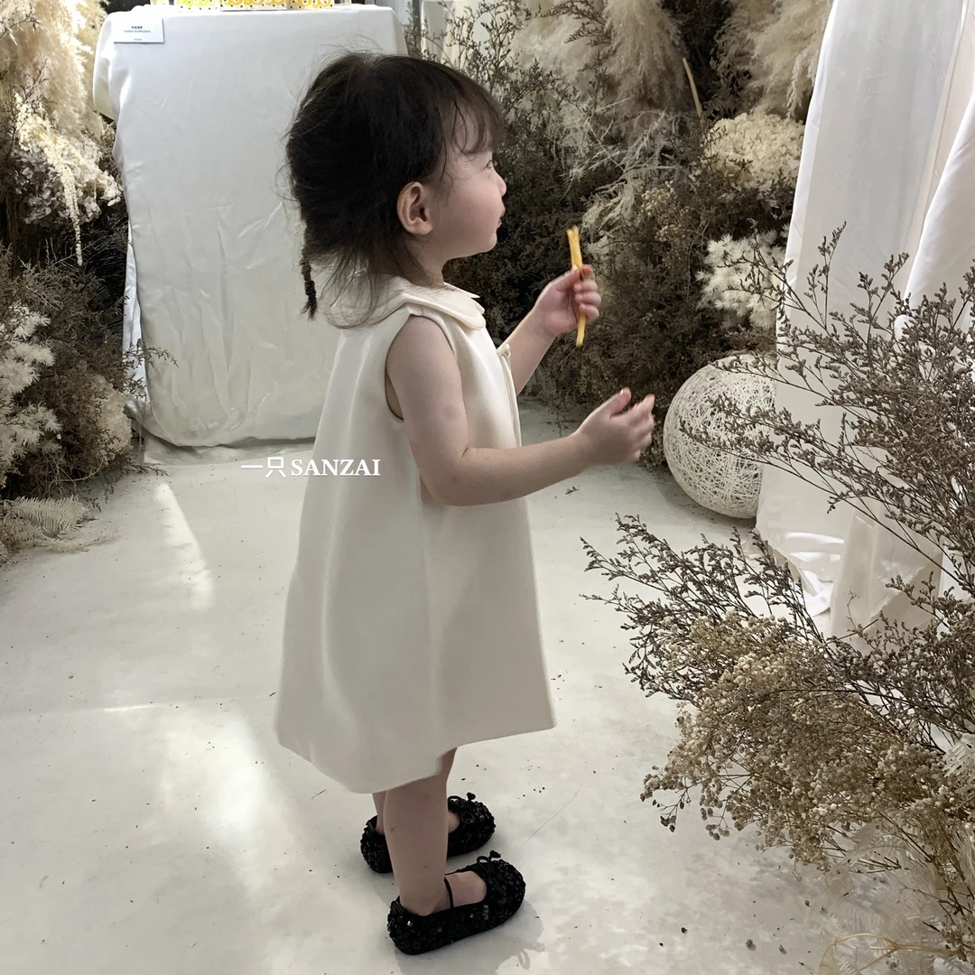 一只叁崽女童生日礼服裙子白色气质公主蝴蝶结背心裙宝宝周岁宴裙