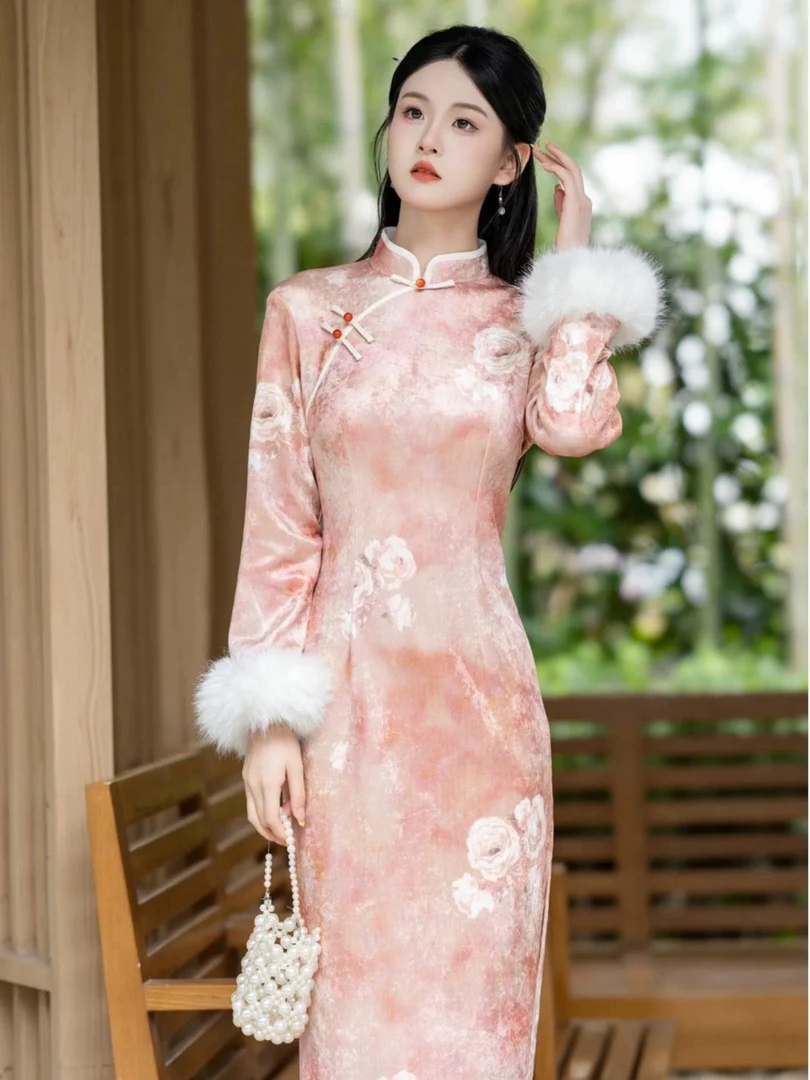 W-2278 棠梨煎雪 钻石绒 冬款加绒加厚年轻款改良旗袍125cm长款