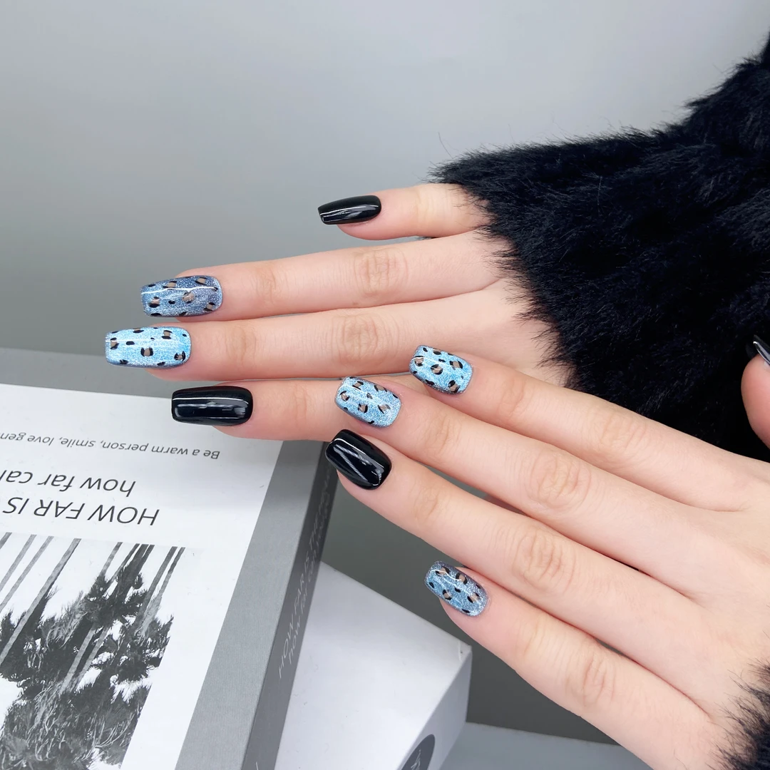 「小蓝豹」显白蓝色豹纹猫眼跳色纯手工穿戴甲