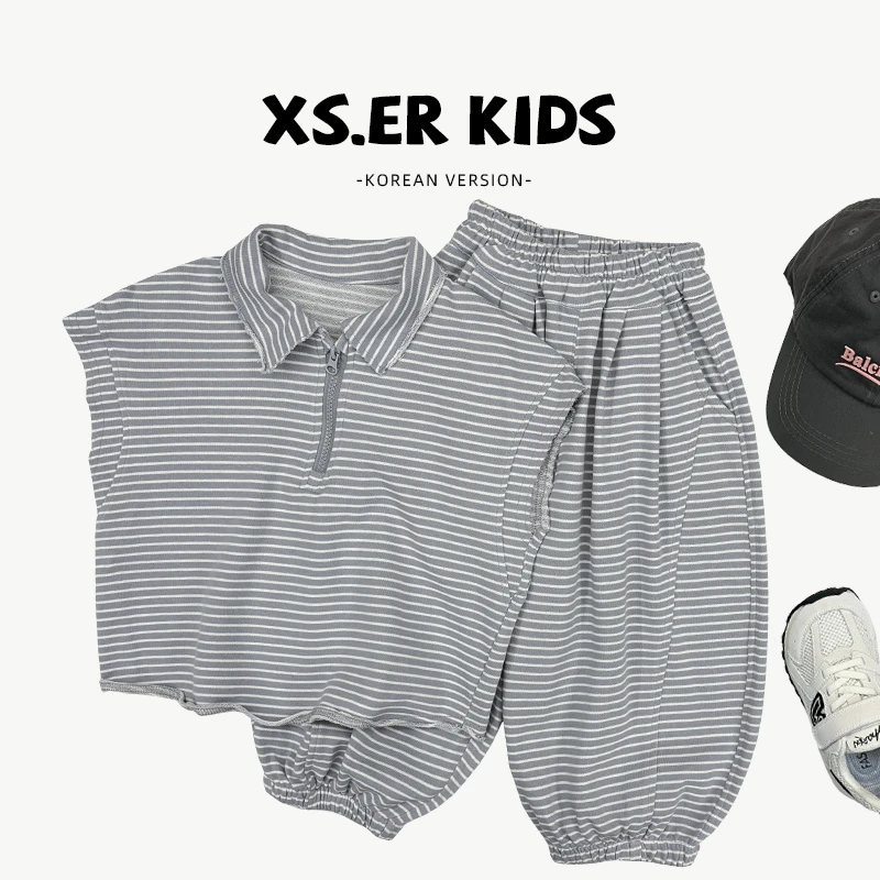 【小首尔】原版-现货-春季男女童条纹套装休闲无袖两件套HBB6680