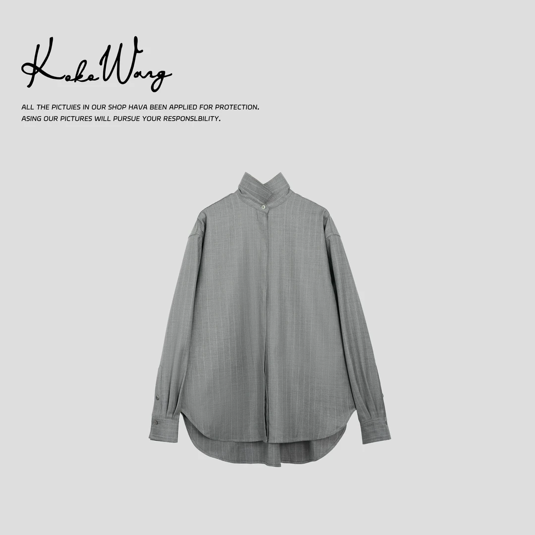 KOKO WANG早春100羊毛极简细条纹显瘦男友风上衣衬衫544924L19W43