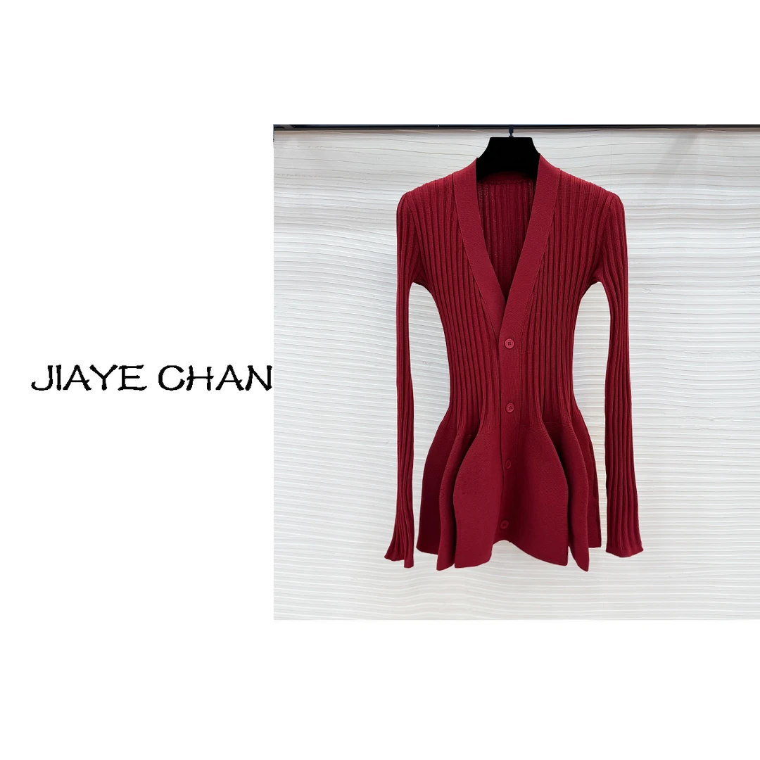 JIAYE CHAN法式气质车厘子红长袖V领显瘦上衣花苞开衫