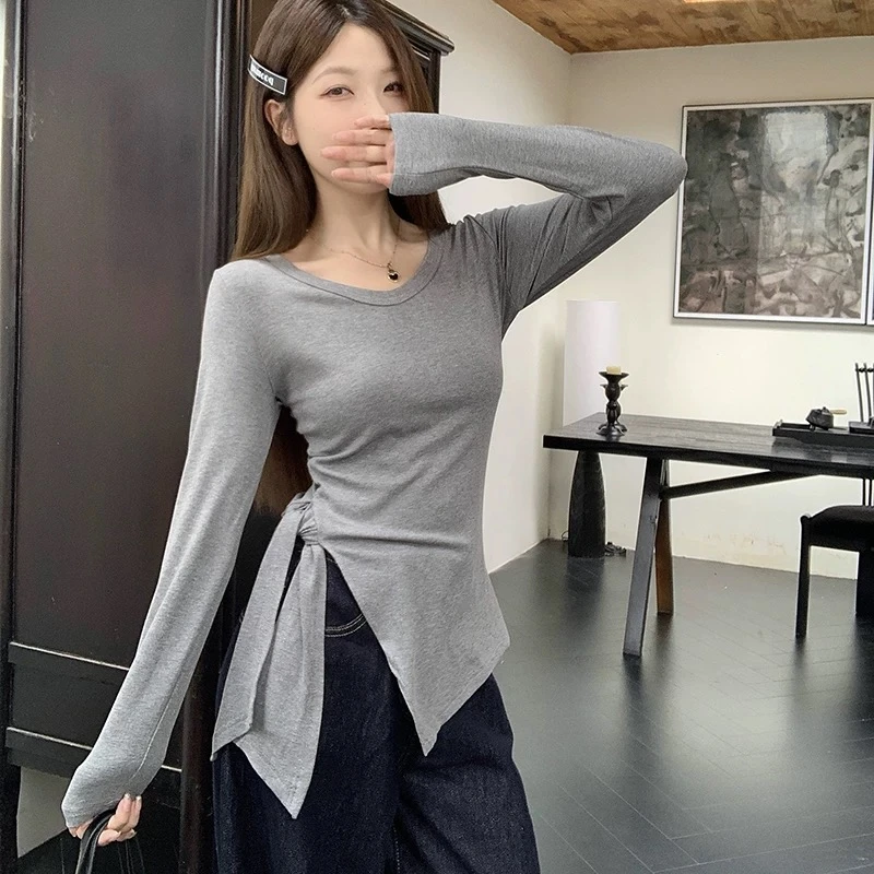 【QIQI】2025春季大码中长款设计感修身打底衫正肩T恤显瘦长袖内搭