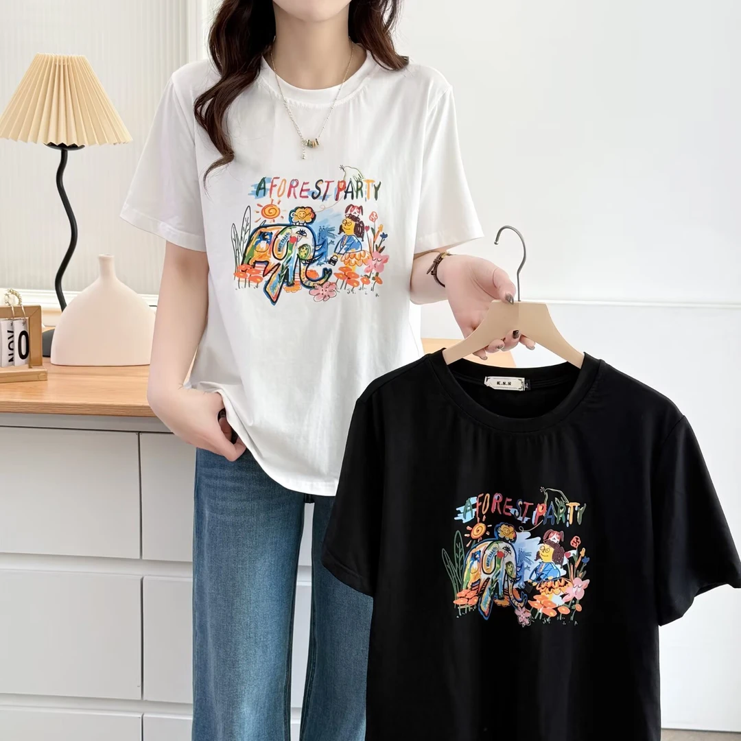印语芩大码女装夏季新款时尚显瘦潮流减龄圆领印花T恤短袖上衣女