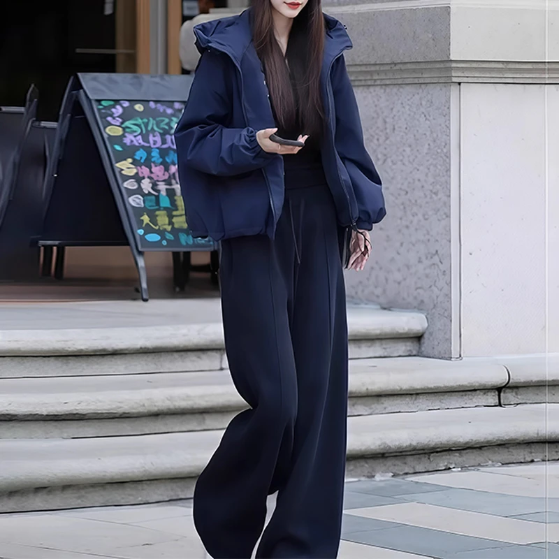 时尚百搭连帽外套阔腿裤两件套女士2025冬季新款减龄显瘦休闲套装