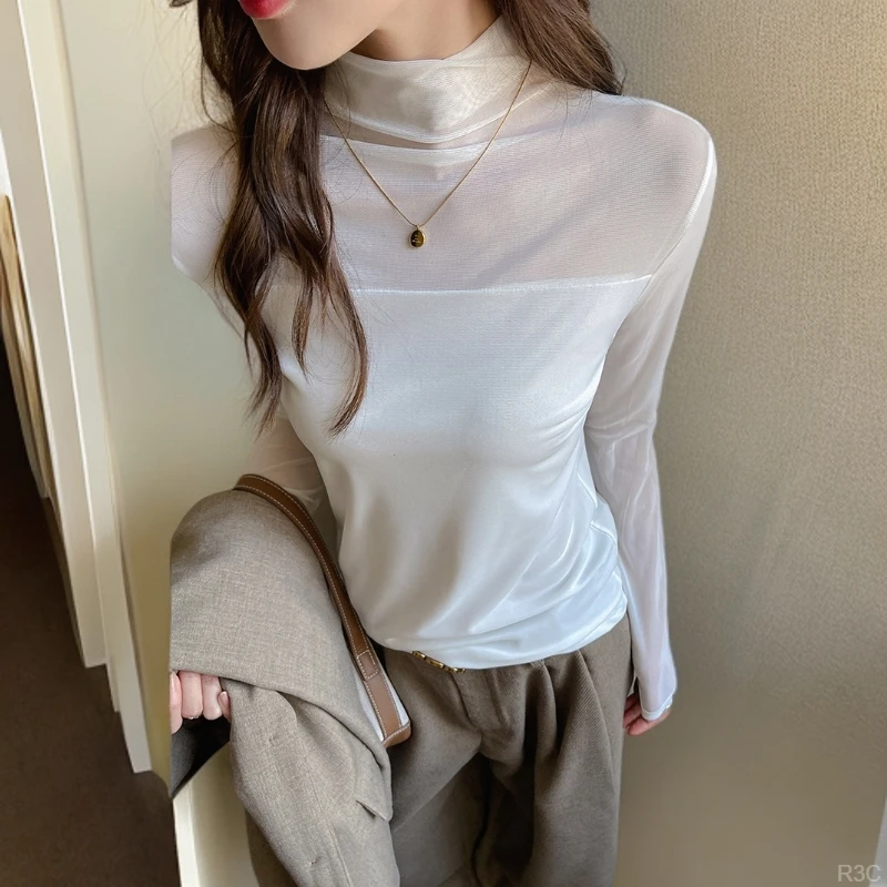 简约t恤打底衫女内搭长袖秋冬欲网纱拼接高级感修身上衣半高领纯