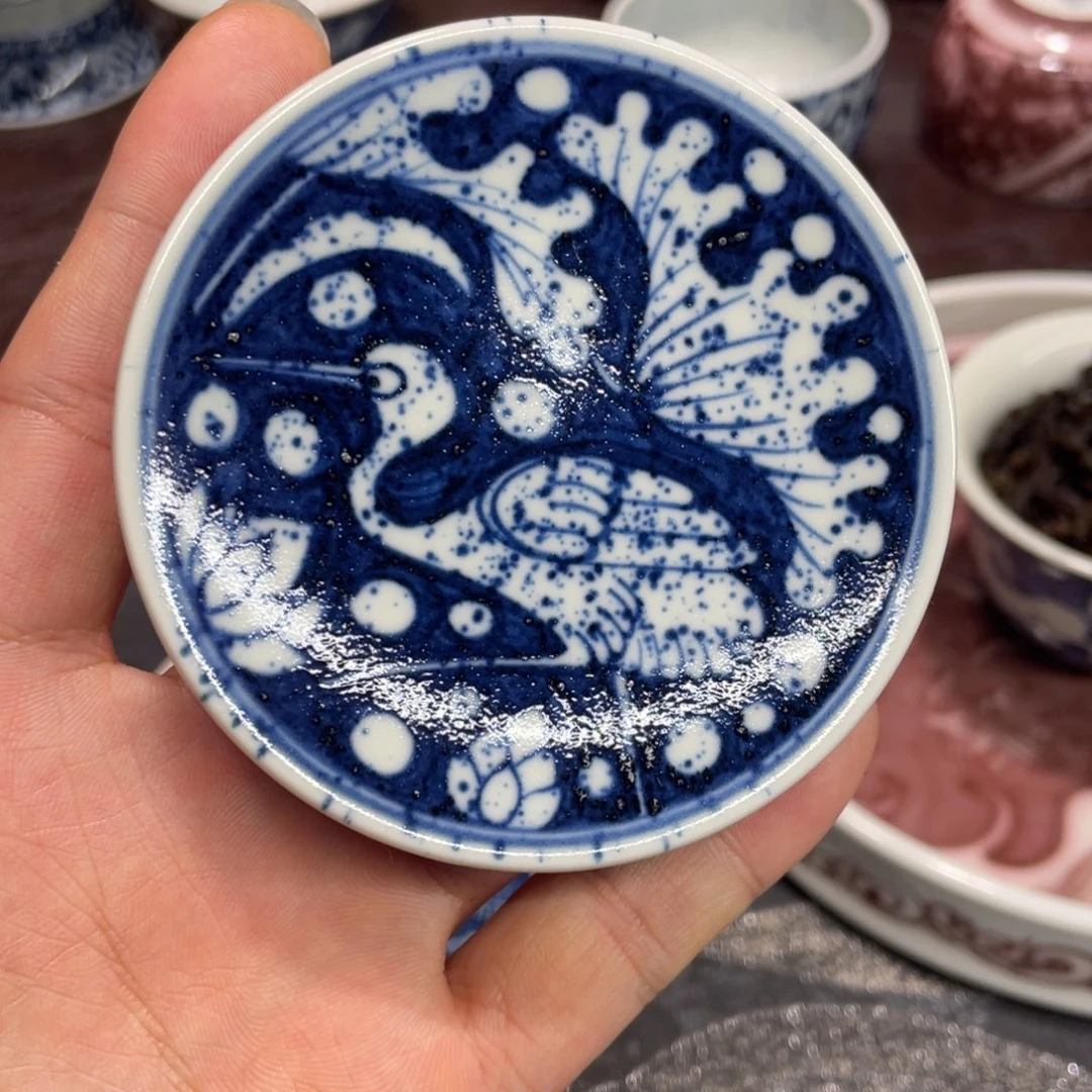 景德镇陶瓷茶具小盖置一鹭撒蓝ss