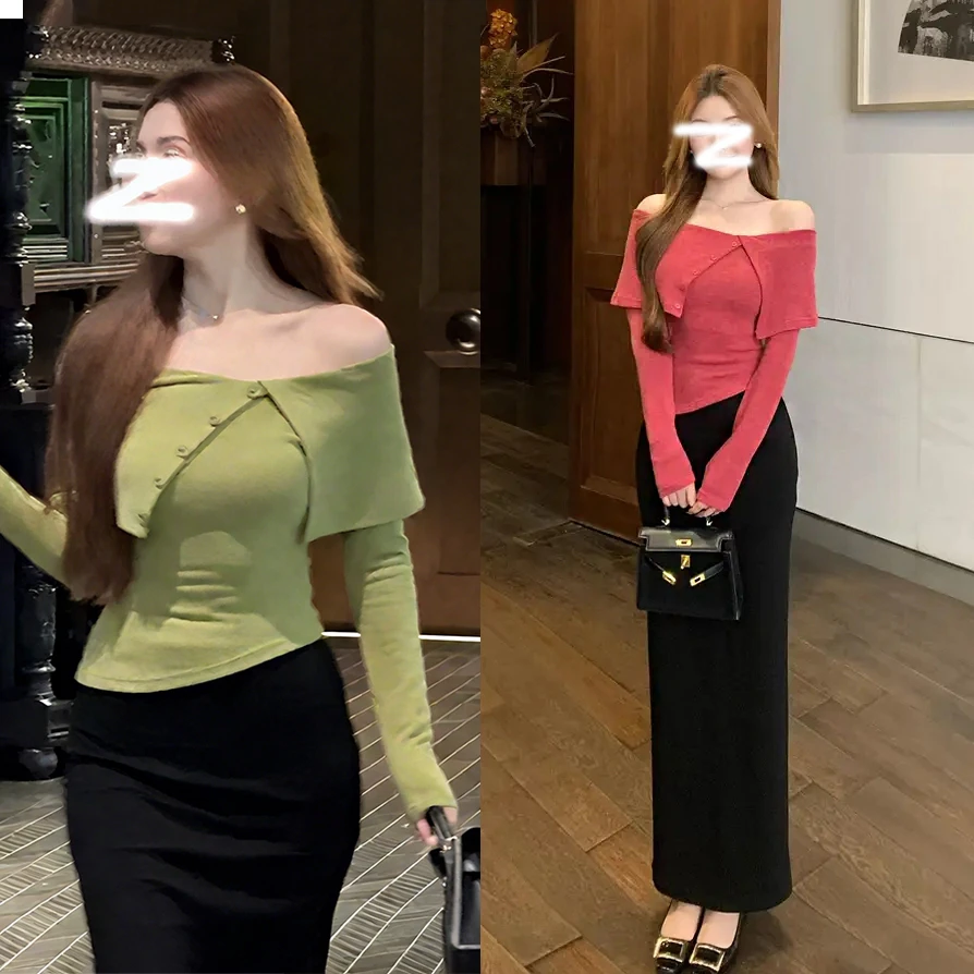 2025秋冬新款设计感一字肩不规则针织毛衣+气质后开叉半身裙套装