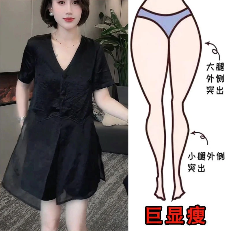 夏薄款简约时尚慵懒气质黑色短袖衬衫女V领开衫缎面拼接网纱上衣