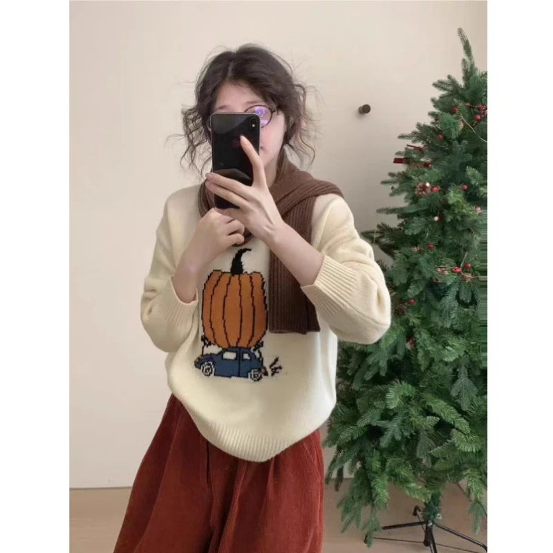 气质加厚韩系卡通南瓜百搭简约针织加厚圆领套头毛衣女