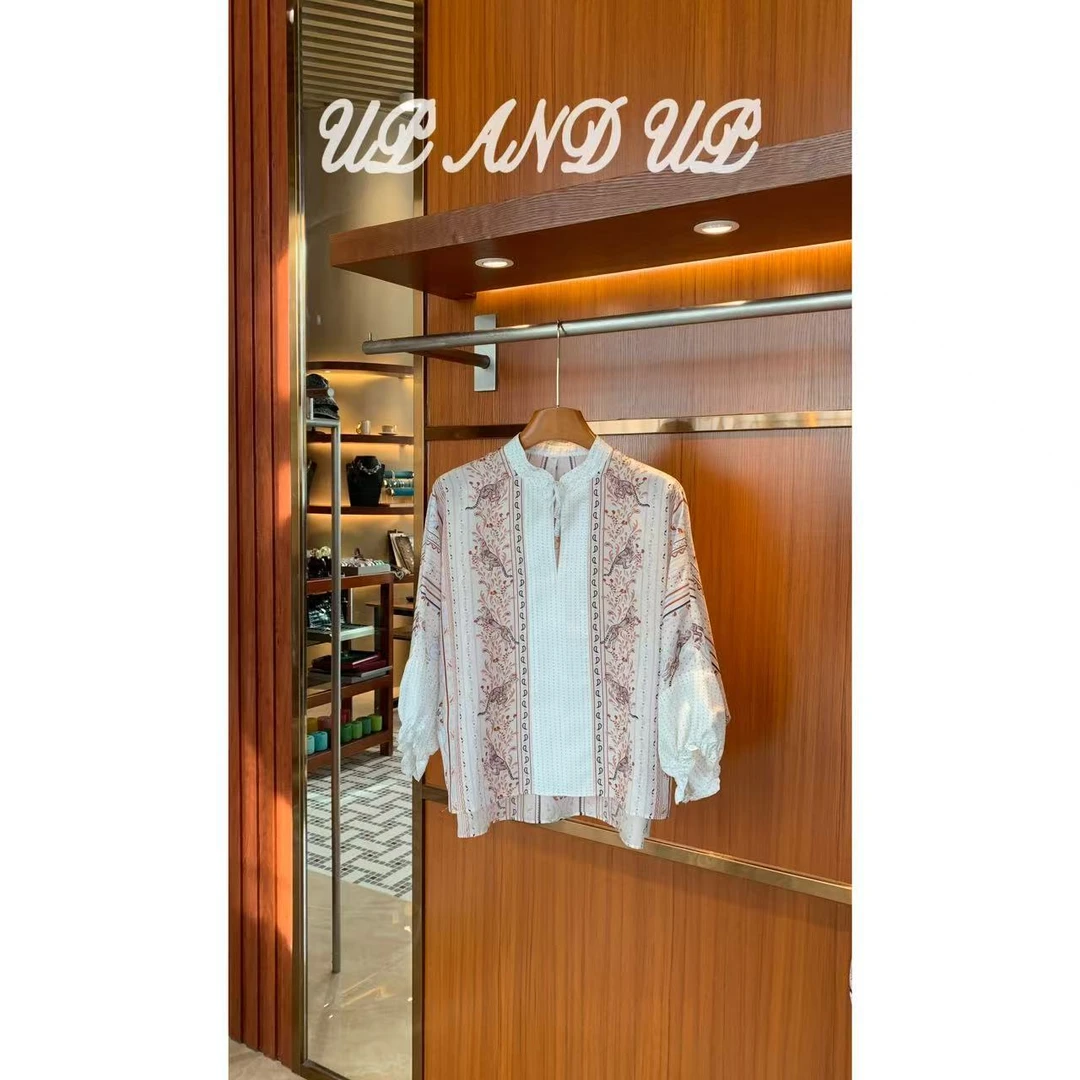 ’斯米兰花镜‘法式高级感拼色印花立领斜纹绸衬衫