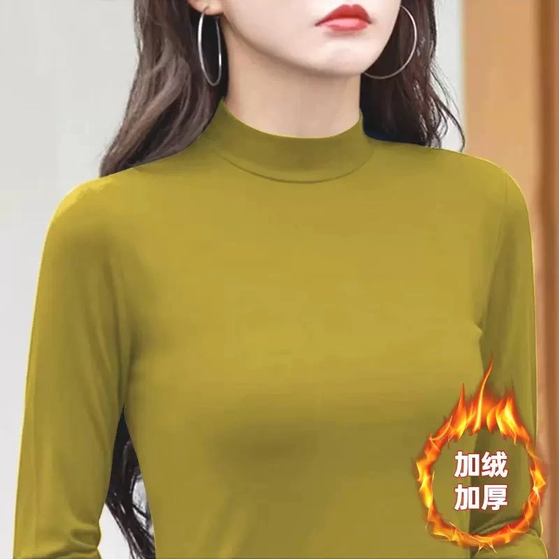 半高领磨毛秋冬内搭洋气双面德绒打底衫女上衣女t恤女长袖保暖衣