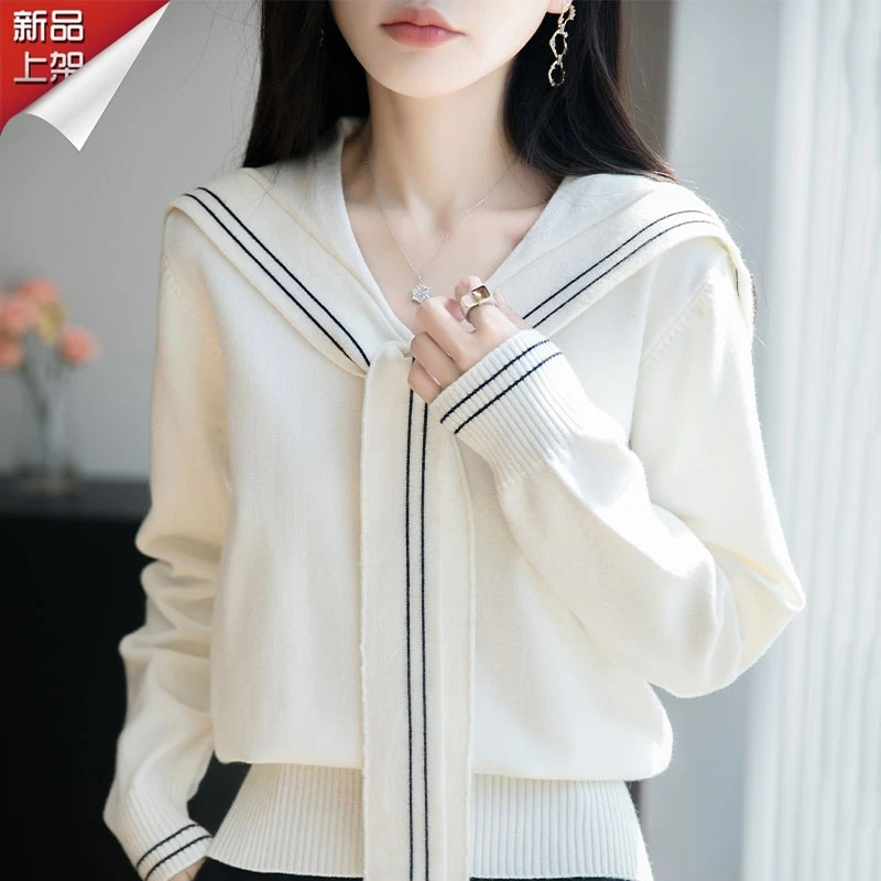 哥弟阿玛施正品时尚海军领长袖羊毛衫新款早秋拼色女士针织衫上衣