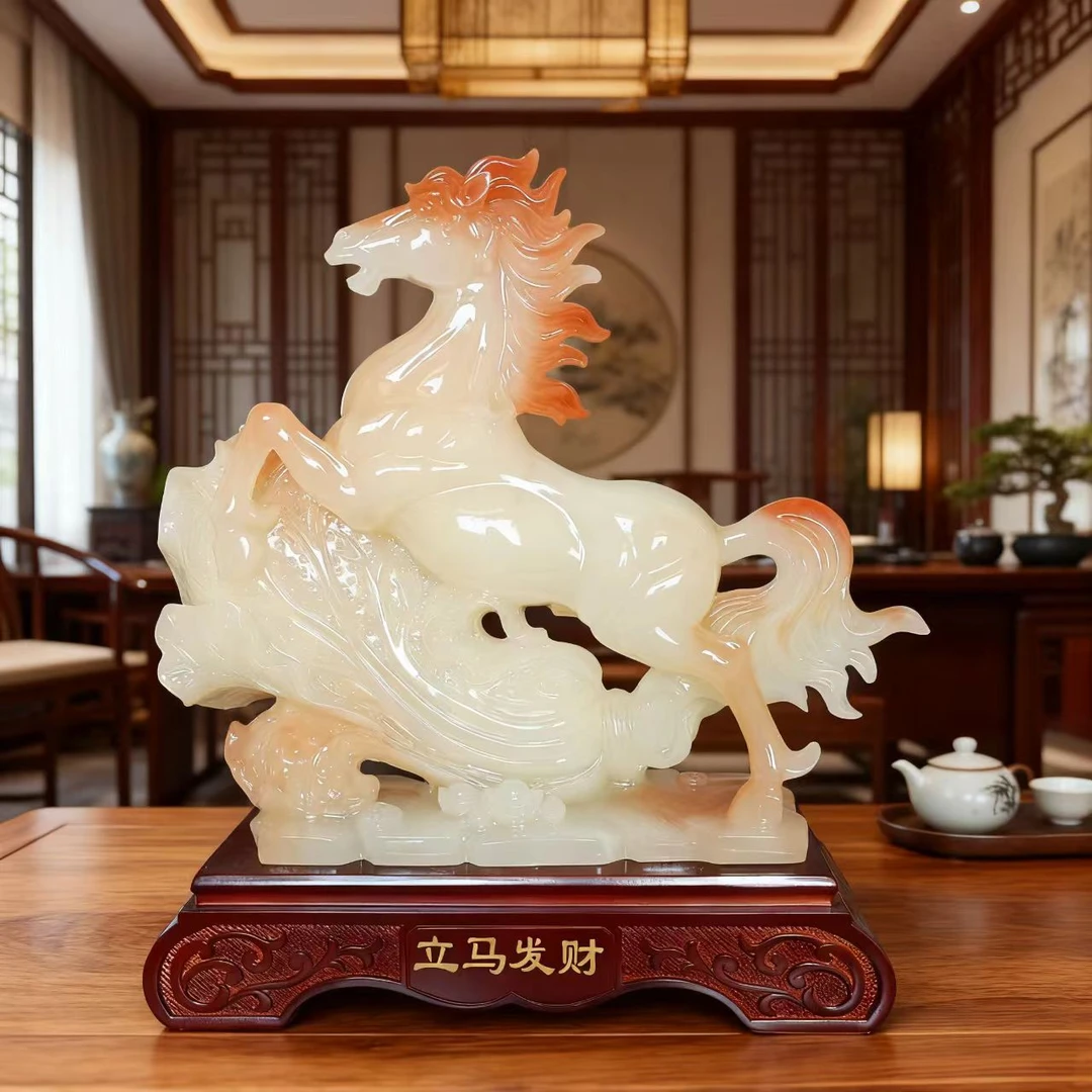 （立马发财）白冰玉色高档骏马新中式创意前台客厅玄关装饰摆件 MJ