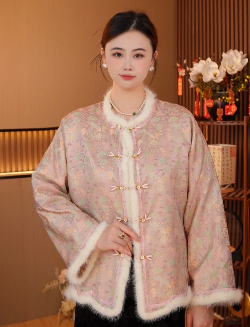 【芳菲】新中式国风织锦缎冬季水貂毛加厚外套2025D7716夏希广源仓