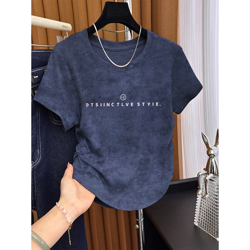 2025新款夏季扎染修身正肩短袖t恤女设计感洋气褶皱收腰辣妹上衣