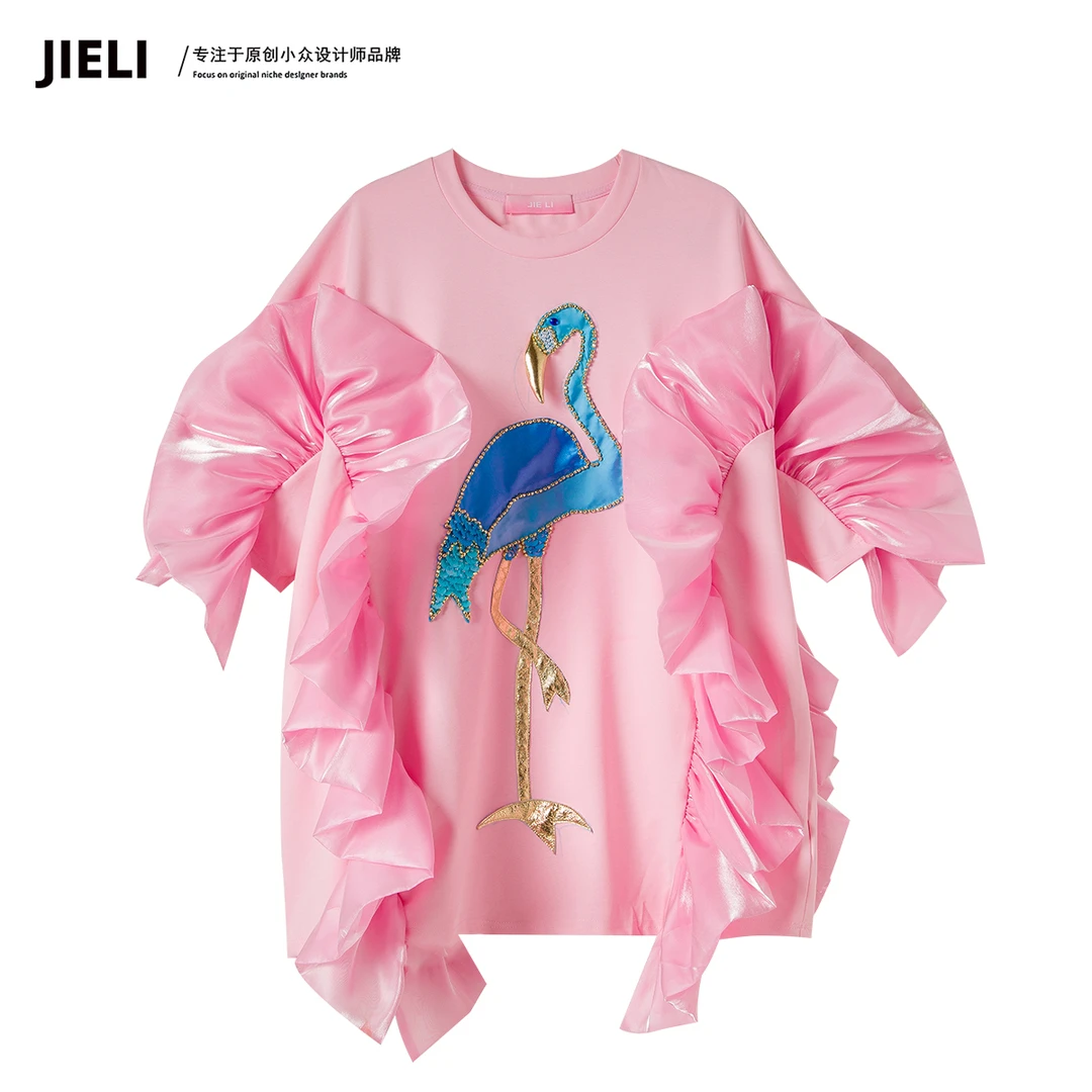 JIE LI/街力设计师高级感夏季中长款显瘦休闲火烈鸟T恤女W1132