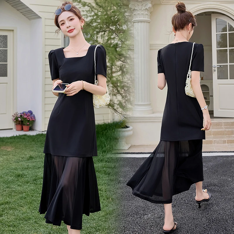 2025夏季新品赫本风网纱拼接方领黑色气质收腰显瘦减龄时尚连衣裙