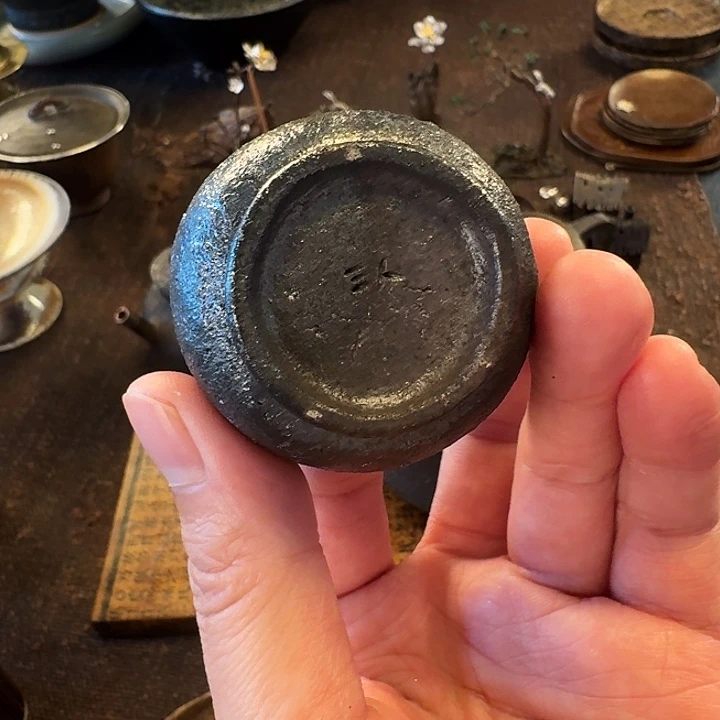 三人纯手工制作黑陶柴烧杯