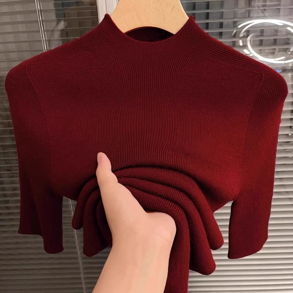 芯娇晴中领五分袖气质针织薄打底衫女春秋2025新款半高领毛衣上衣